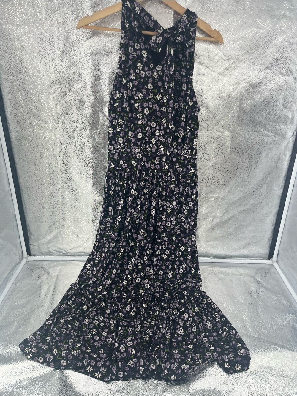 Michael Kors Floral Tiered Halter Dress Medium M Purple Black Ruffle Wedding Gst - Picture 10 of 15